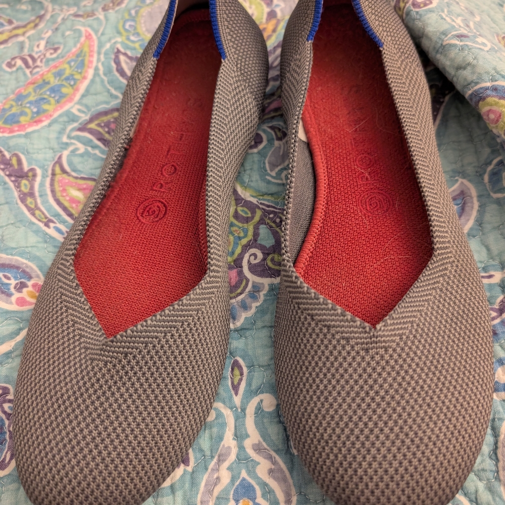 Rothy's Gray and Blue Flats with Red Insole